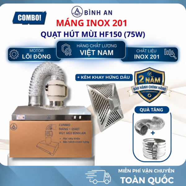 Combo máng hút inox 201 và quạt HF150 kèm khay hứng dầu