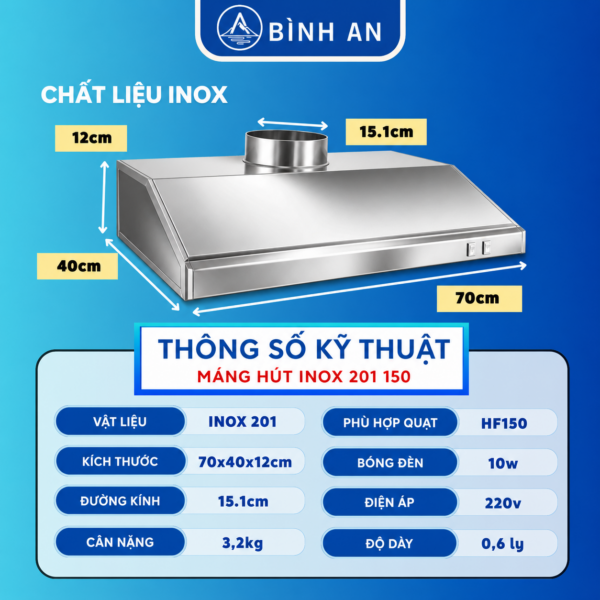 Máng hút inox 201 miệng ống 150