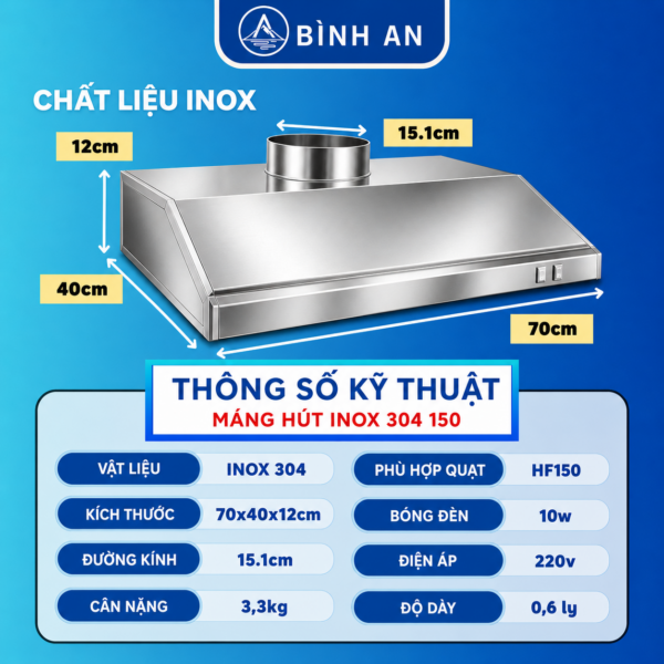 Máng hút inox 304 miệng ống 150