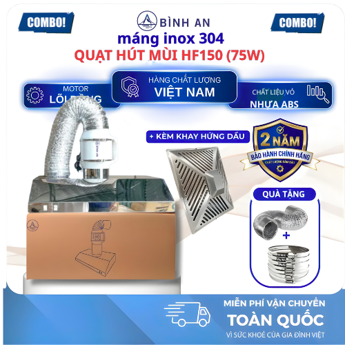 Combo máng hút inox 304 và quạt HF150 kèm khay hứng dầu