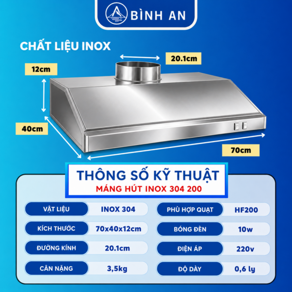 Máng hút inox 304 miệng ống 200