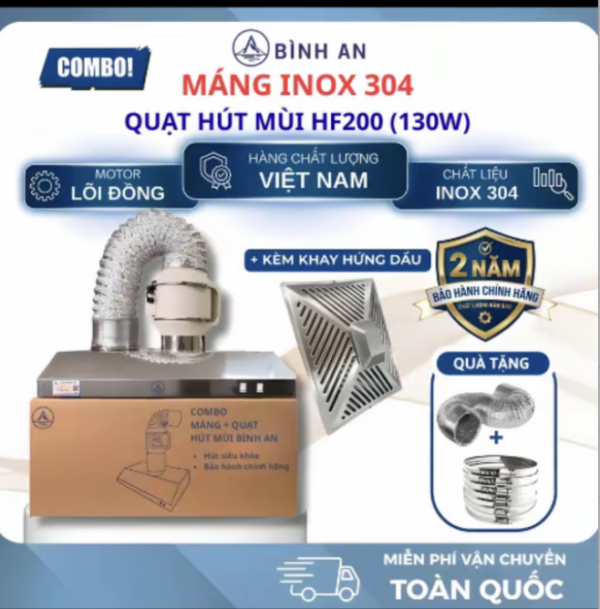 Combo máng hút inox 304 và quạt HF200 chưa kèm khay