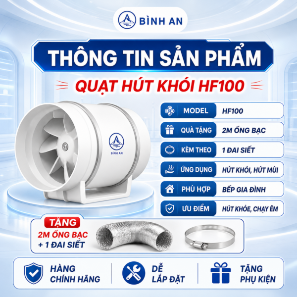 Quạt hút khói HF100 tặng 2m ống bạc và 1 đai siết