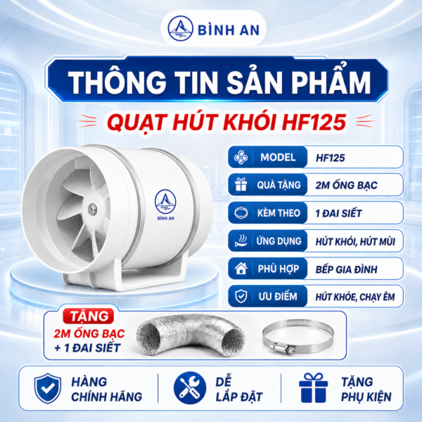 Quạt hút khói HF125 tặng 2m ống bạc và 1 đai siết
