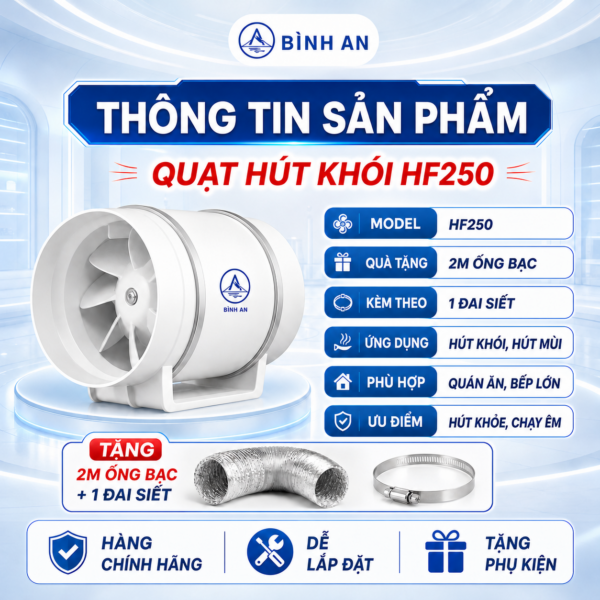 Quạt hút khói HF250 tặng 2m ống bạc và 1 đai siết